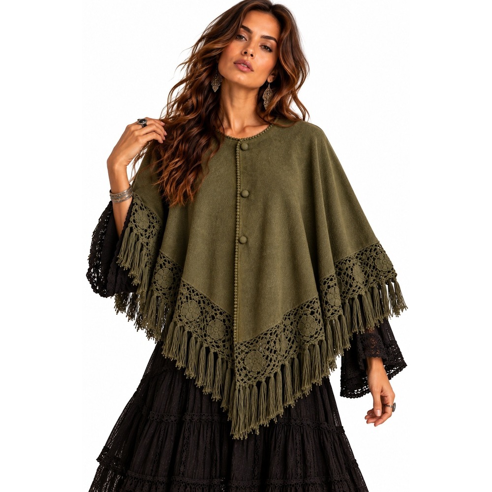 Ester Inca Alpaca Wool Poncho Olive Green Crochet Lace Fringe Made in Peru Boho